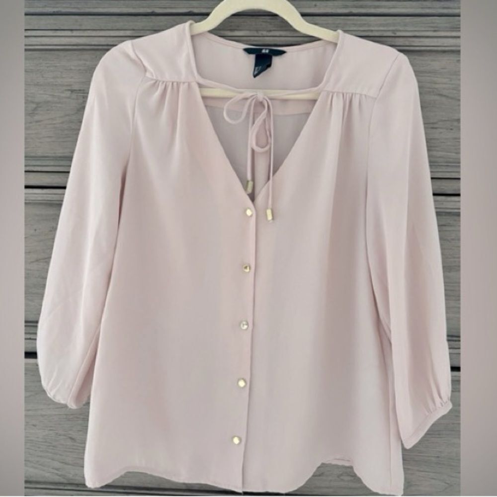 H&M 💯 Poliéster Pink 3/4 Sleeve Buttoned Tie Front Blouse Size 12